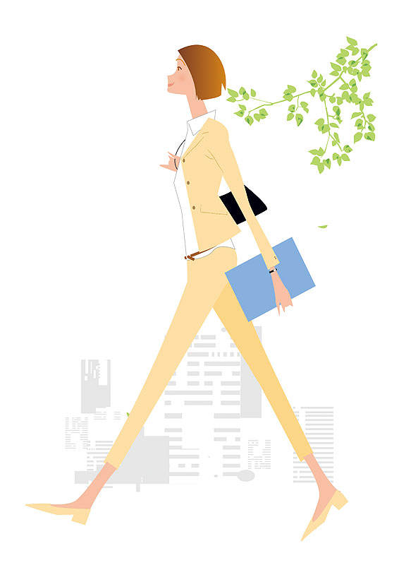 働く女性イラスト　オフィス街を歩くビジネスウーマン