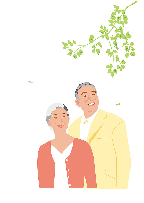 高齢者・老夫婦イラスト　春の新緑を見上げる中高年夫婦
