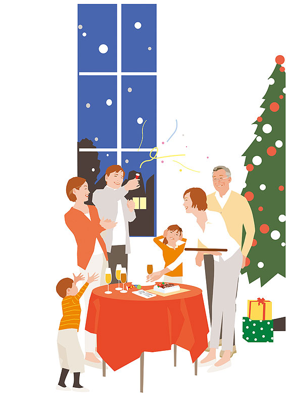 クリスマスパーティーを楽しむ家族イラスト
