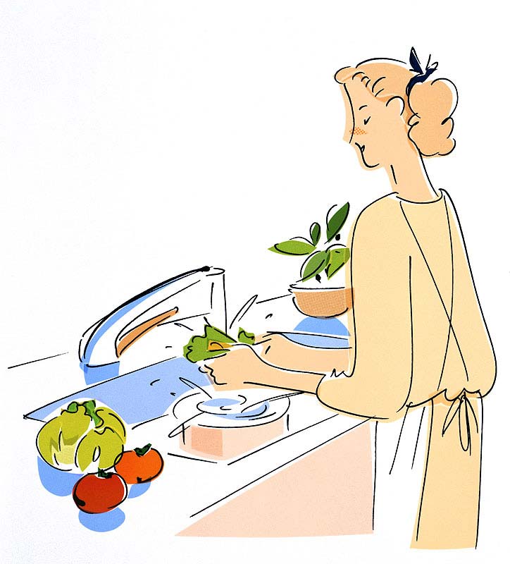 ファミリーイラスト　サラダの野菜を洗う主婦
