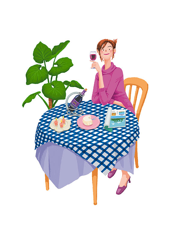 西田ヒロコ テーブルに肘をついてワインを飲む女性イラスト