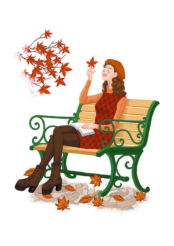 読書の秋・女性イラスト　公園のベンチで読書する女性と紅葉の葉