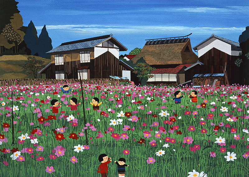 日本の四季　風景カレンダーイラスト　子供イラスト　コスモス畑
