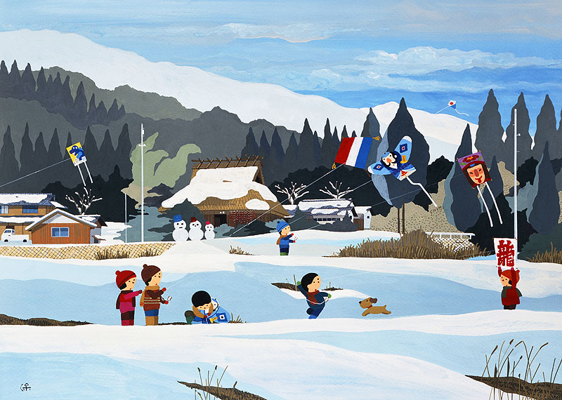 四季を彩る日本の風景、積雪の里山で凧揚げをする子供たちのイラスト