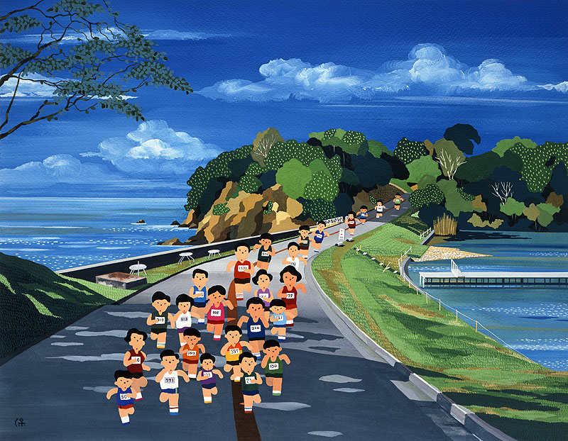 日本の四季　風景カレンダーイラスト　スポーツイラスト　海の見える道でマラソン