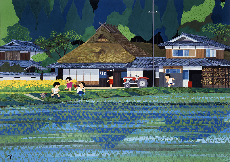 日本の四季　風景カレンダーイラスト　子供イラスト　畦道のめだかとり