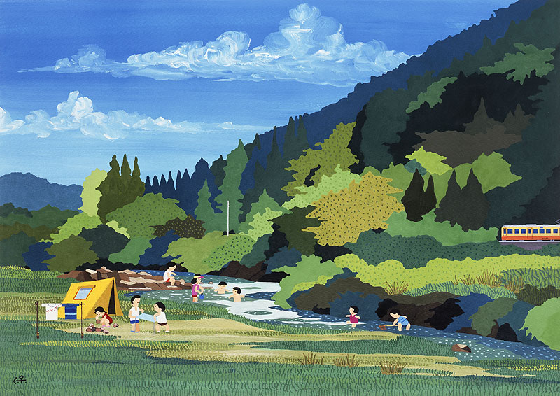 日本の四季　風景カレンダーイラスト　レジャーイラスト　夏の川辺でキャンプを楽しむ家族