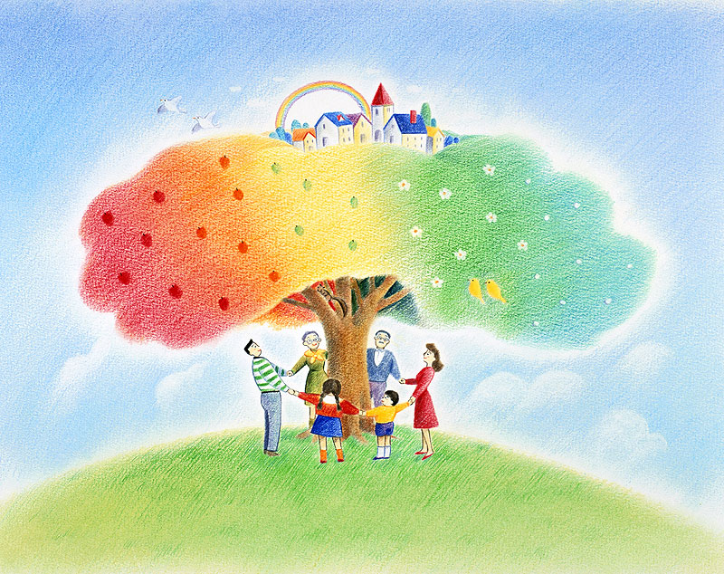 ファミリーイラスト　丘の上の街のある虹色の木を囲む３世代家族
