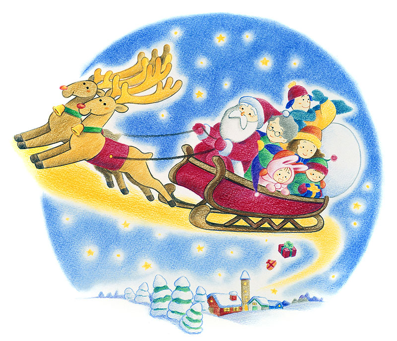 クリスマスイラスト　クリスマスの夜空で空飛ぶサンタクロースのそりに乗る家族のクリスマスイラスト