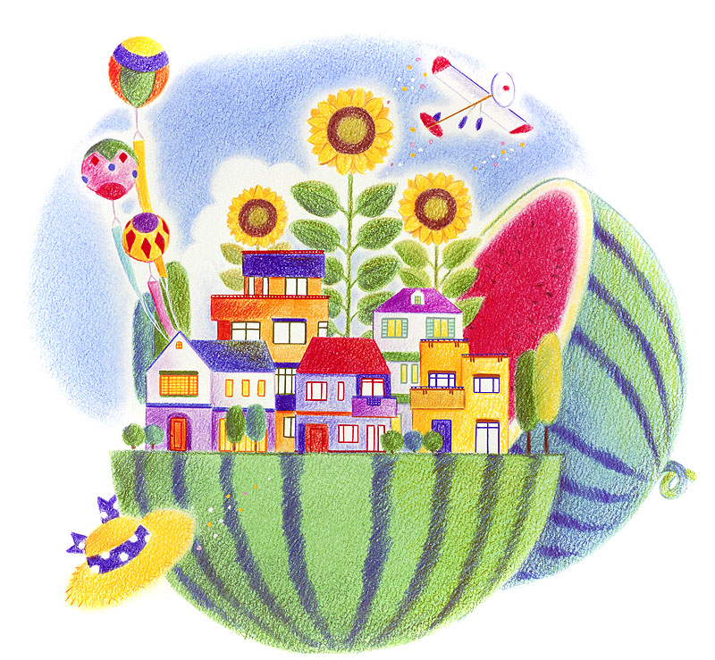 町並みイラスト　すいかの上に立つ街と向日葵や麦わら帽子