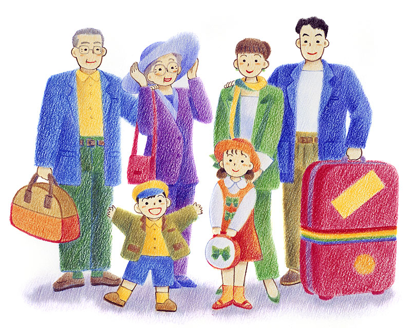 	
家族旅行イラスト　スーツケースを持って旅行へ出かけるかわいいファミリー