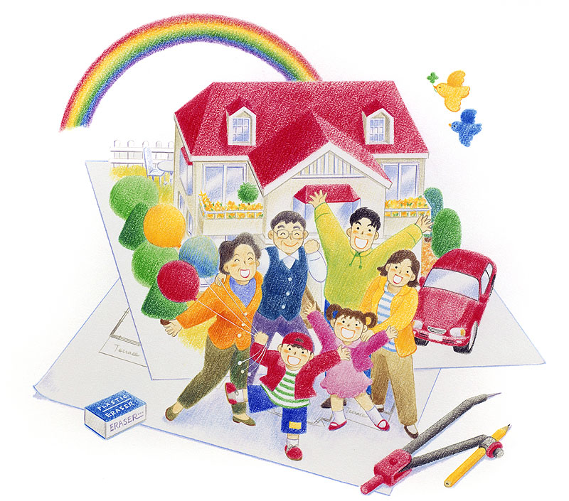 小笠原鈴代　我が家の設計図、マイホームの青写真を描く家族の夢イラスト