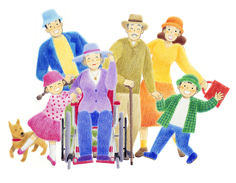 家族のイラスト　車椅子のおばあさんと一緒に外出する家族