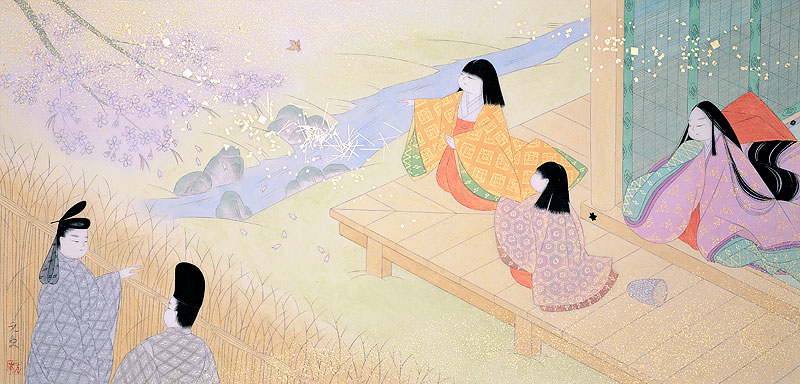 和風イラスト　平安時代源氏物語雀を追う着物の少女と男性