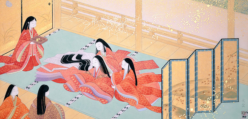 和風イラスト　平安時代源氏物語舞姫の女性と十二単の少女