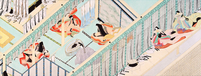 岡田元史　平安時代の枕草子絵詞室談笑する十二単の少女イラスト
