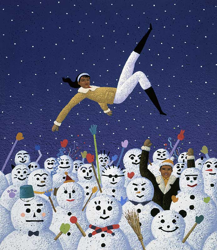 メルヘンイラスト　沢山の雪だるま達にお祝いされる空中の女性