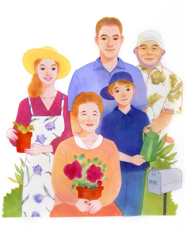 桶口麻枯 緑豊かな庭で過ごす家族とおばあちゃんイラスト　子ども・家族・ファミリーイラスト