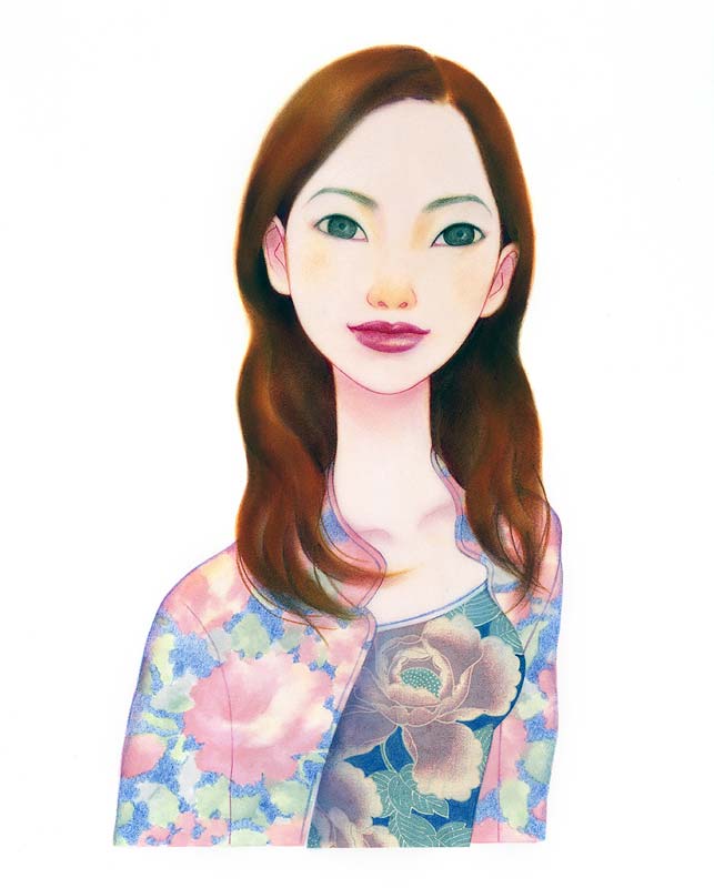 女性イラスト　長い髪の女性紫の花柄の服