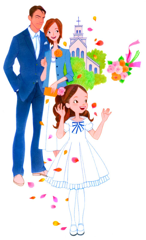 桶口麻枯 幸せな結婚式に参列する家族イラスト