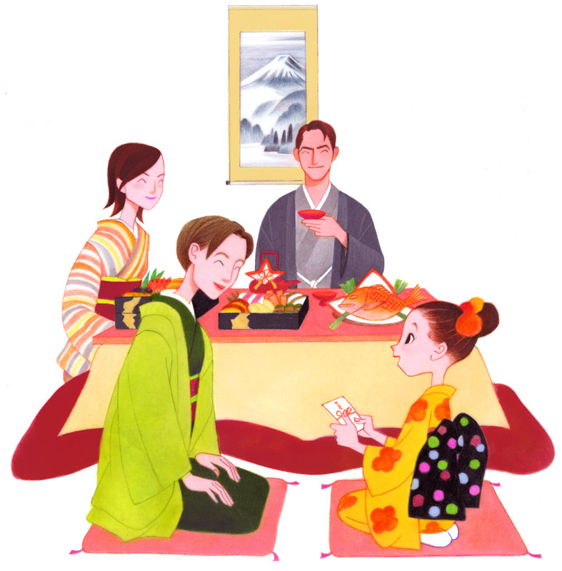 お正月ファミリーイラスト　こたつで正月のおせち料理を食べてお年玉をもらう着物姿の家族
