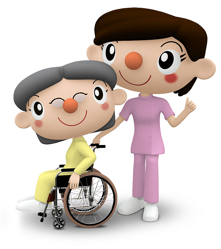 リハビリイラスト　笑顔の車椅子老人と介護師