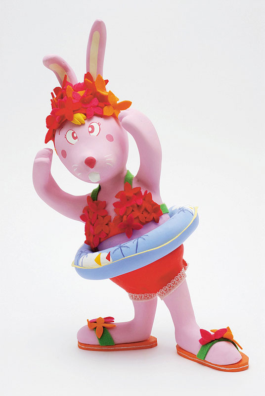 クレイ立体イラスト　浮き輪をし体操するピンクの兎キャラクター