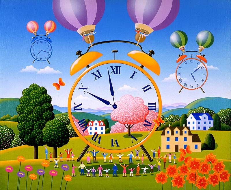 大島文雄　気球が運ぶ透明な時計と四季の風景イラスト