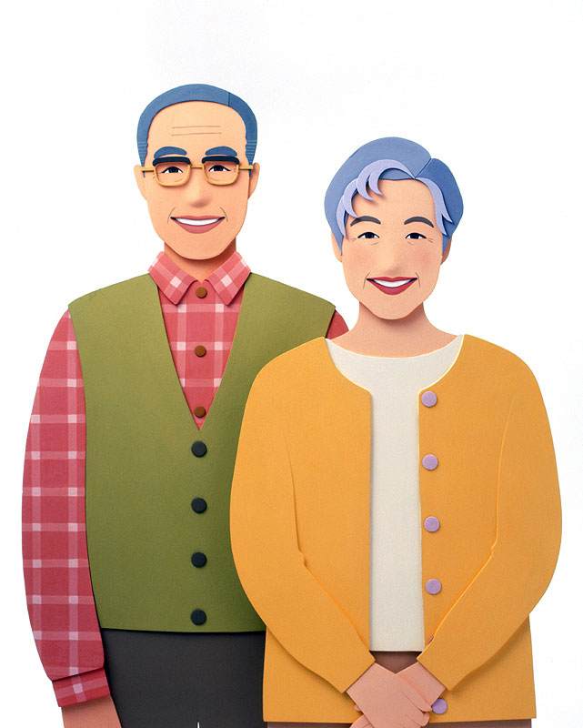 人物イラスト　６０〜７０歳代笑顔の熟年夫婦、春秋