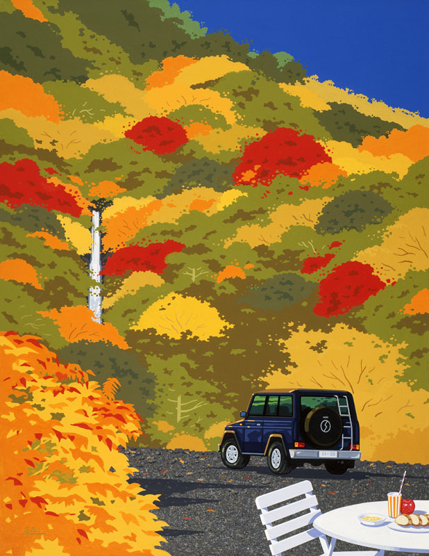 風景イラスト　紅葉と滝と自動車