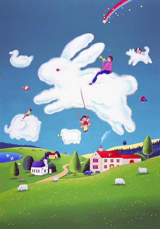 ウサギの形をした雲に乗る人と遊ぶ女の子のメルヘンイラスト
