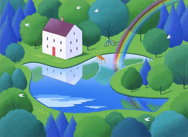 森の中の湖畔の家と白い鳥と自転車の風景イラスト