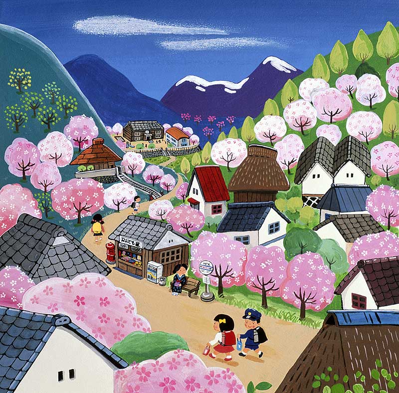 4月の桜里山イラスト　桜咲く里山で通学路を歩く小学生イラスト