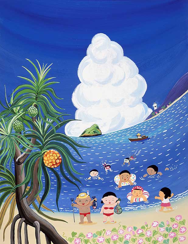 作田忠一　夏休みは浜辺で海水浴の子供たちイラスト