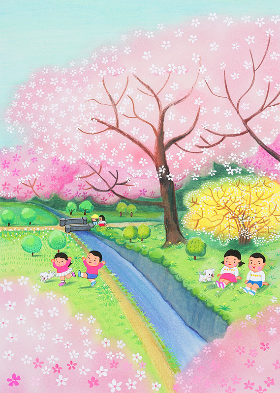 子供イラスト　桜満開の春の午後、仲良く遊ぶ子供たち