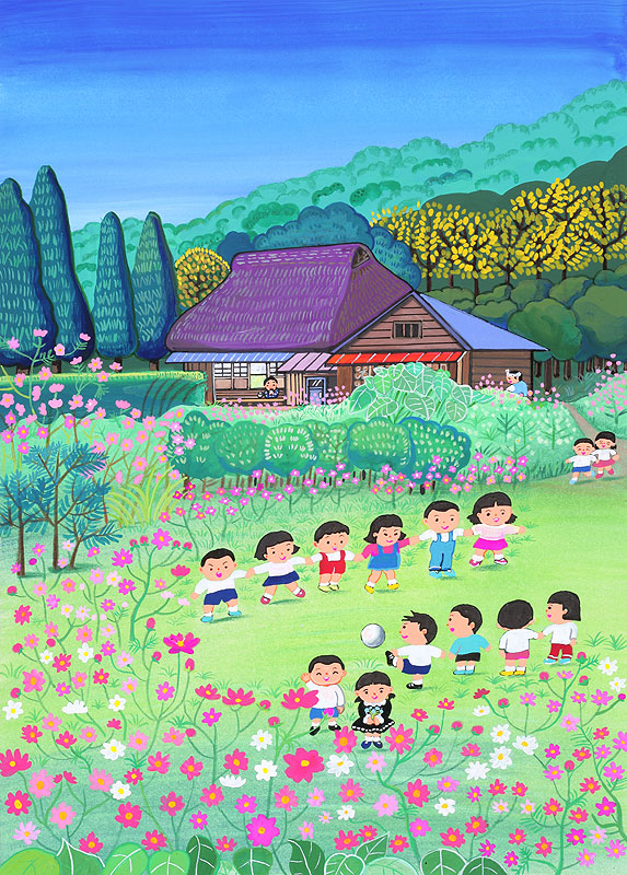 子供イラスト　コスモスの花畑で手を繋いで遊ぶ子供たち