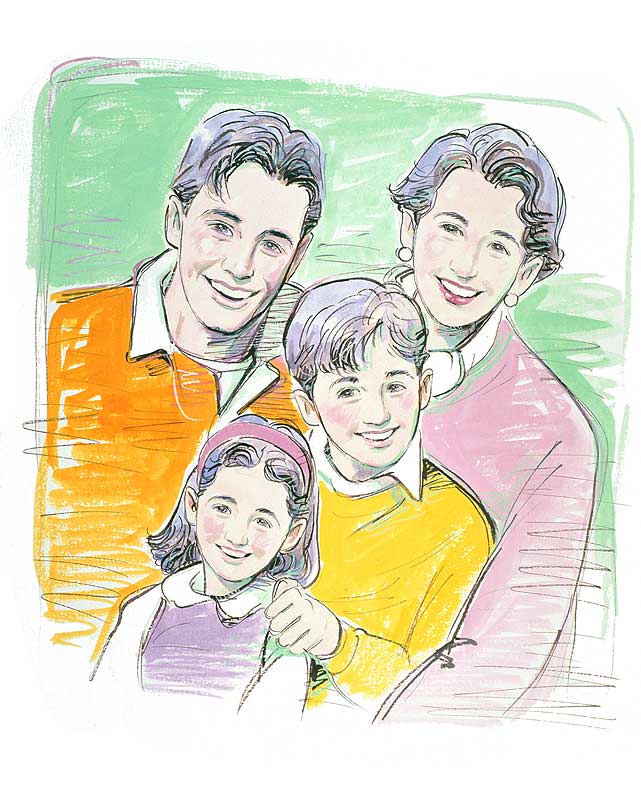家族写真風の笑顔がまぶしいファミリーイラスト