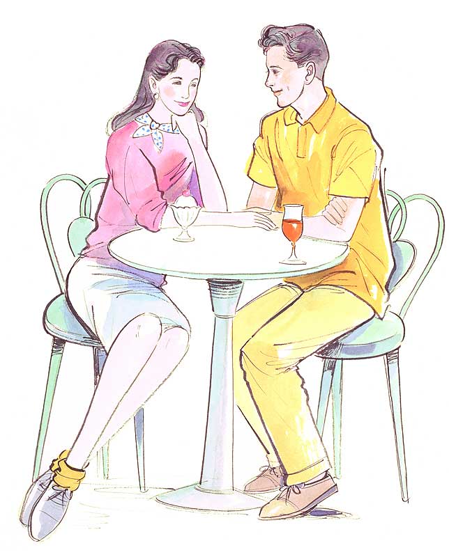 男女カップルイラスト　喫茶店カフェでデートする男女カップル