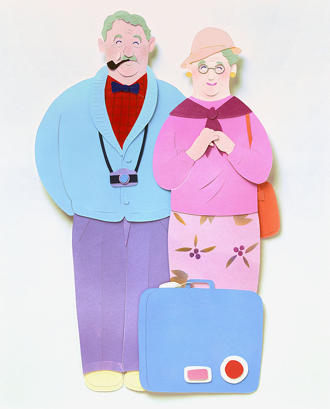 老夫婦の旅行イラスト　スーツケースとカメラを持って旅行にお出掛かする熟年夫婦