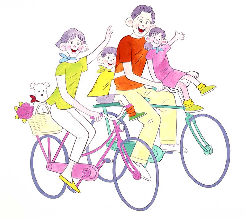 サイクリング家族イラスト　自転車でおでかけするファミリー