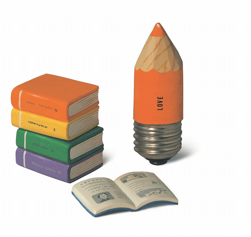 文房具イラスト　立体・鉛筆電球と本