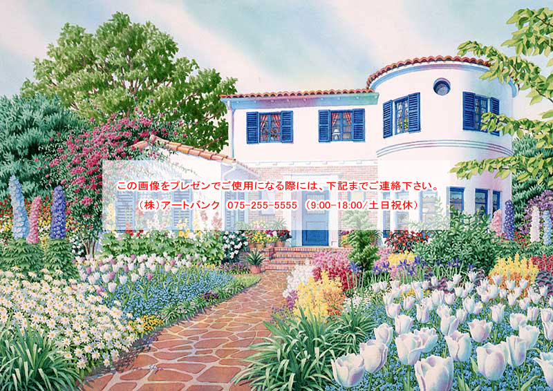 風景イラスト　色とりどりの花が咲く庭と家