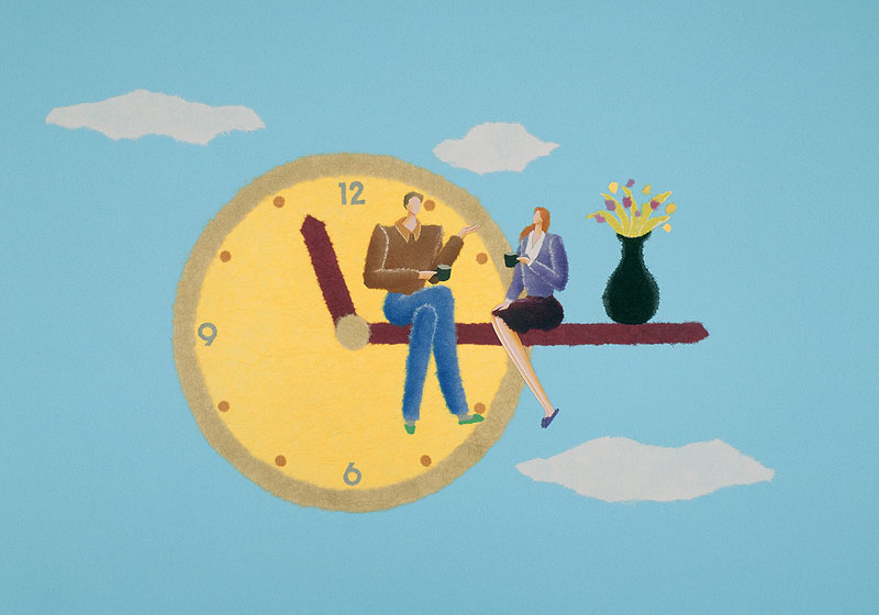 S・なかむらさんの空に浮かぶ時計の針の上に座るパートナーとの幸せな時間イラスト　家族・ファミリー・カップルイラスト