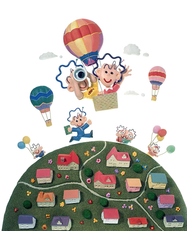 気球イラスト　気球に乗って眺める町並みと人々の暮らしの気球イラスト