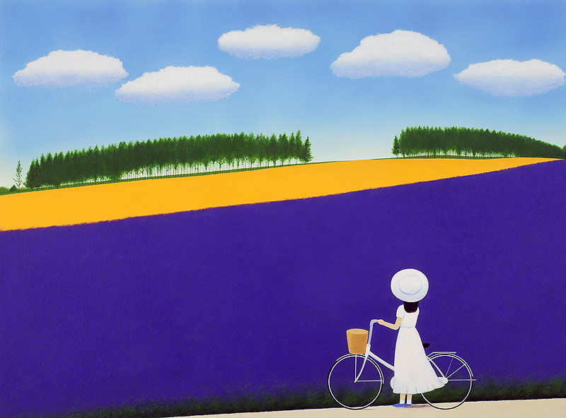 風景イラスト　ラベンダー畑を見つめる白い服の女性