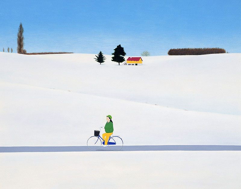 高木さんご 雪景色の中を自転車で走る女性の風景イラスト