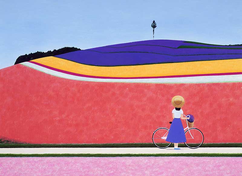 花畑の丘の風景を見つめる自転車の少女イラスト