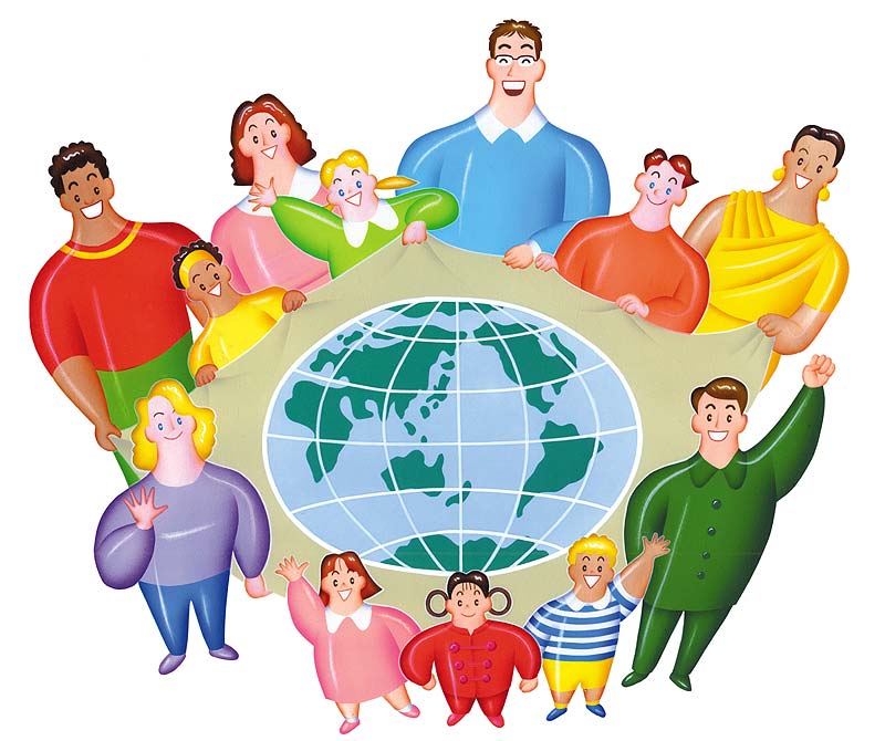 国際交流イラスト　多文化共生社会　世界地図を囲んで世界の人々の交流 