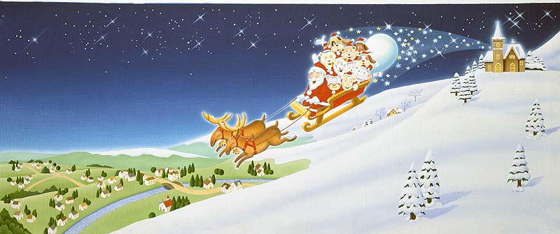 高橋いらすとるうむ　クリスマス素材　サンタイラスト・夜空を行くトナカイとサンタクロースの橇