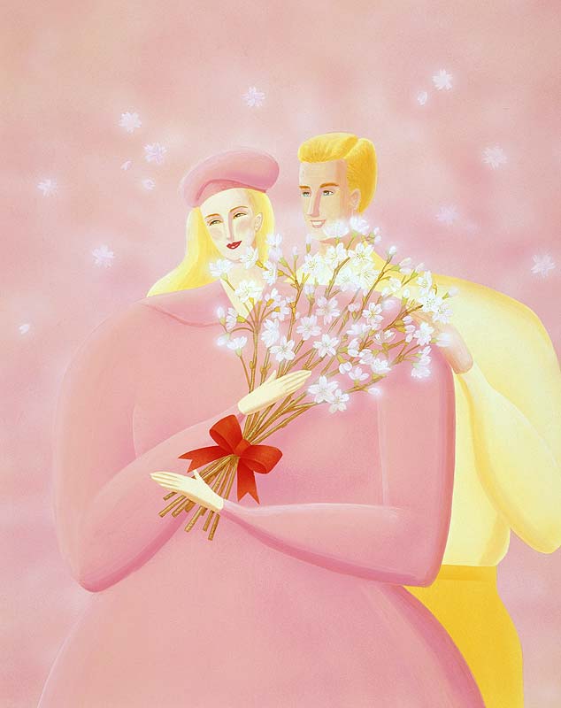 カップルイラスト　花束を持つカップルの絵　ピンク色の世界